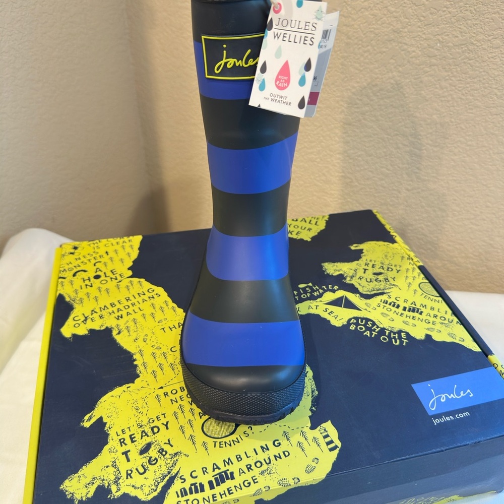Joules Boys Rainboots Wellies, Navy and Black Striped
